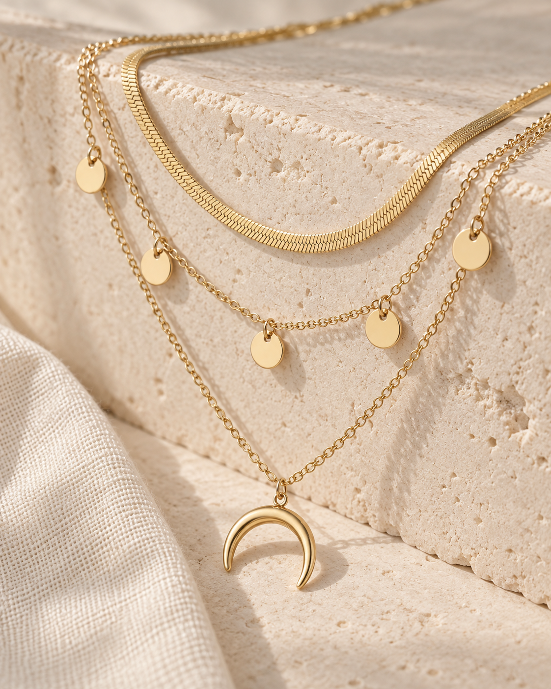 Golden Crescent Layer Set gold-tone layered necklace with on a cream studio background